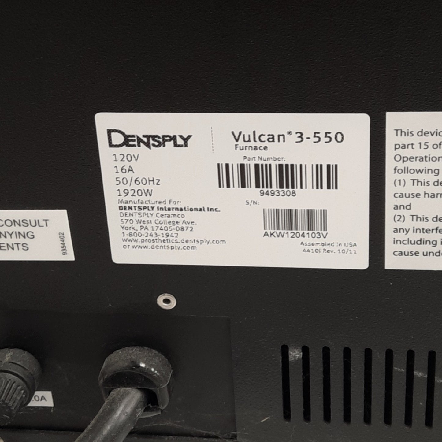 Used Dentsply Neytech 9493308 VULCAN 3-550 Burnout Furnace, 3-Stage, 550cu.in., 1300W