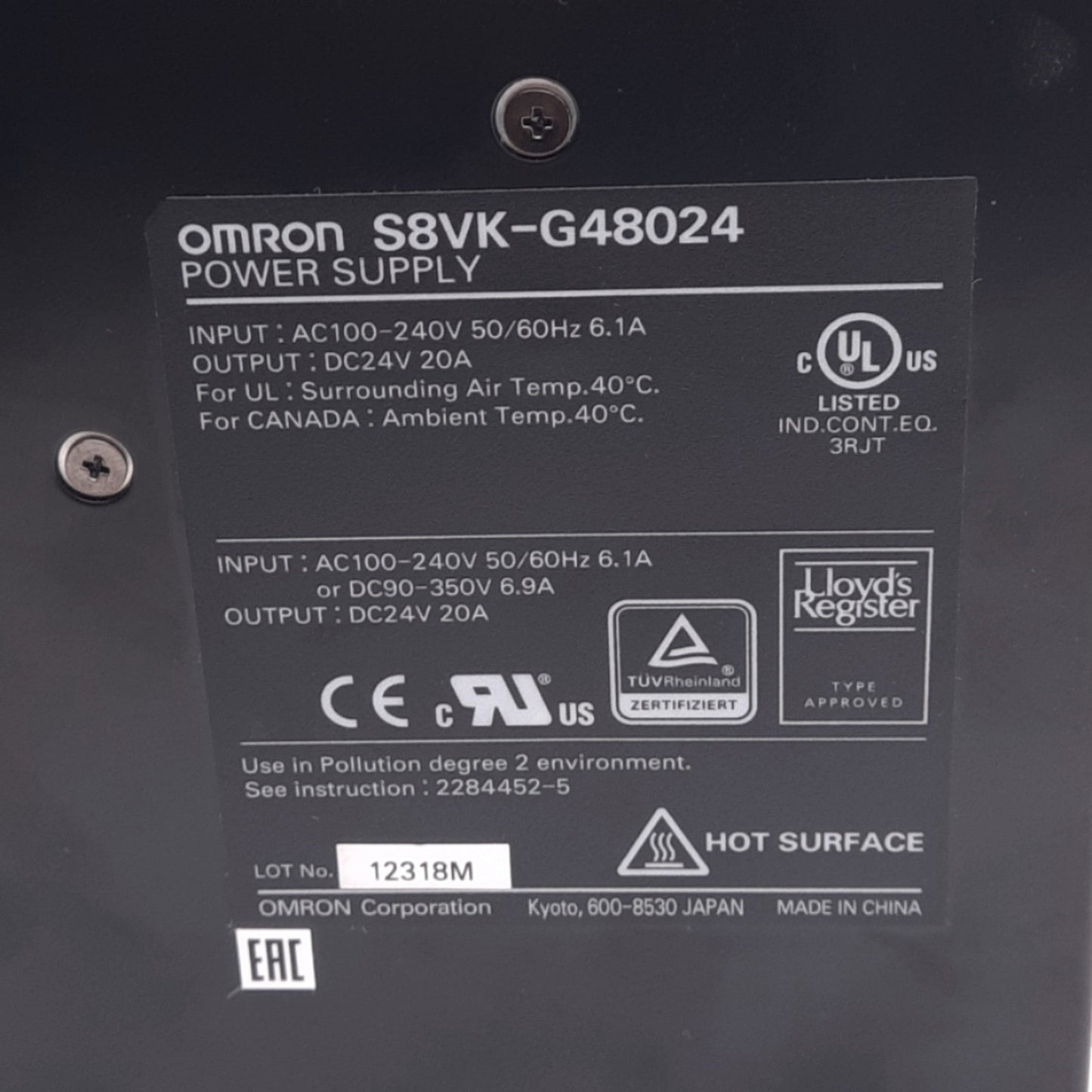 Used Omron S8VK-G48024 Switching Power Supply, 100-240VAC In, 24VDC 20A Out, 480W
