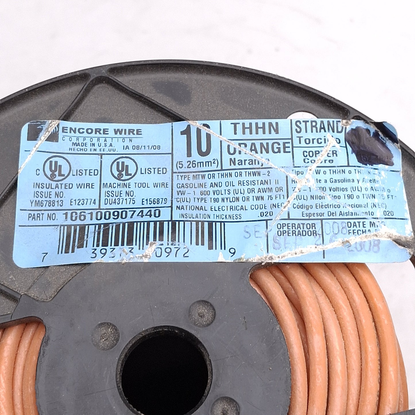 New – Open box Encore Wire Orange Insulated Stranded Copper Wire, 10AWG, 600V, 300ft Spool