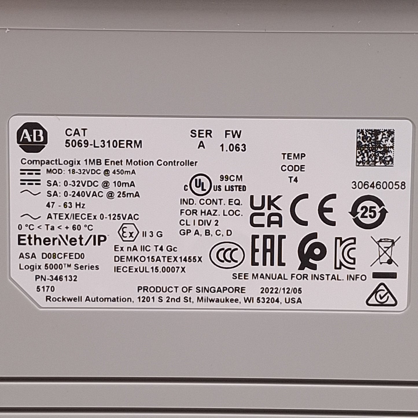 Used Allen Bradley 5069-L310ERM CompactLogix 5380 Controller 1MB 8-I/O 4-Axis 24-Node