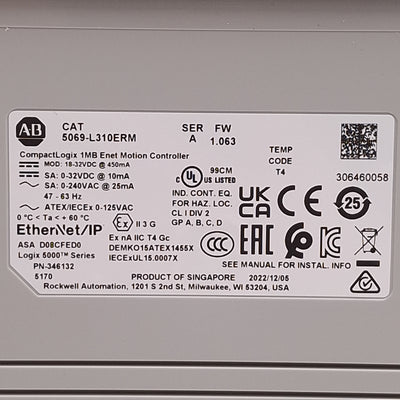 Used Allen Bradley 5069-L310ERM CompactLogix 5380 Controller 1MB 8-I/O 4-Axis 24-Node