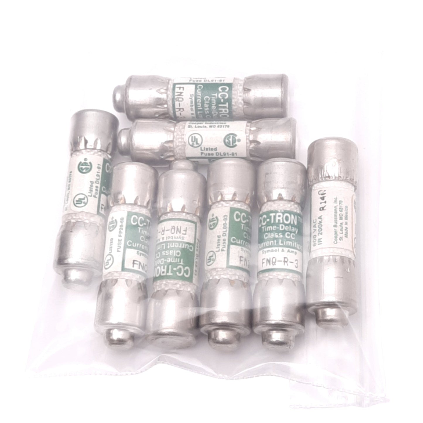 Used Lot of 8 Eaton Bussmann FNQ-R-3 CC-TRON Time Delay Fuses, 3A, 600VAC, Class CC