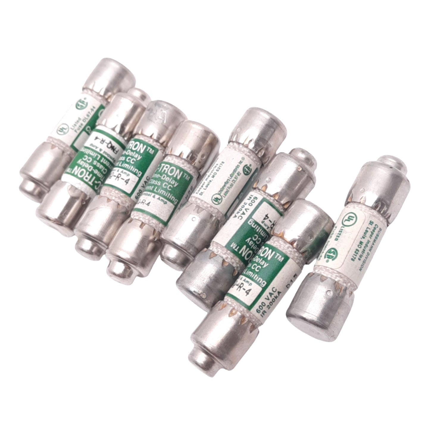 Used Lot of 8 Eaton Bussmann FNQ-R-4 CC-TRON Time Delay Fuses, 4A, 600VAC, Class CC