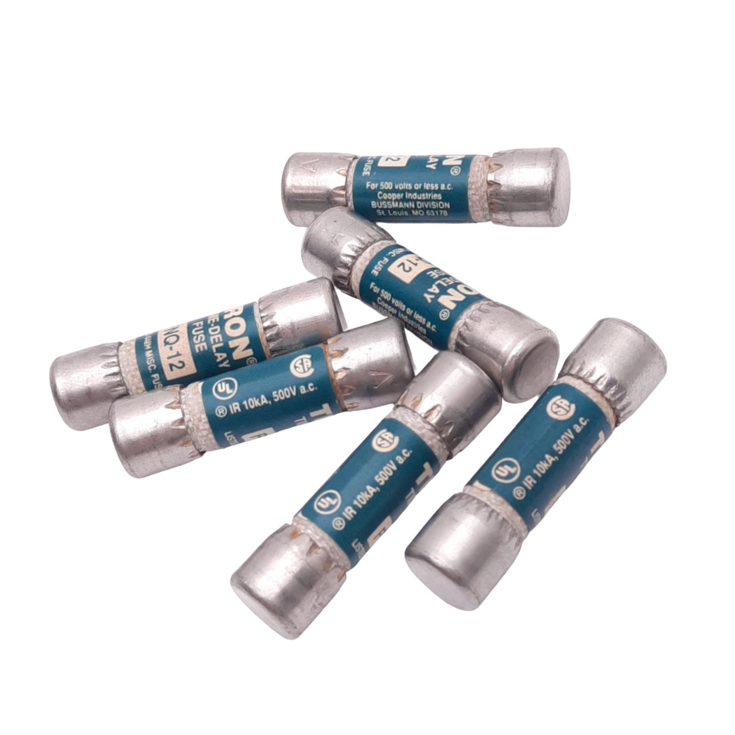 Used Lot of 6 Eaton Bussmann FNQ-12 TRON Time Delay Fuses, 12A, 600VAC, Class CC