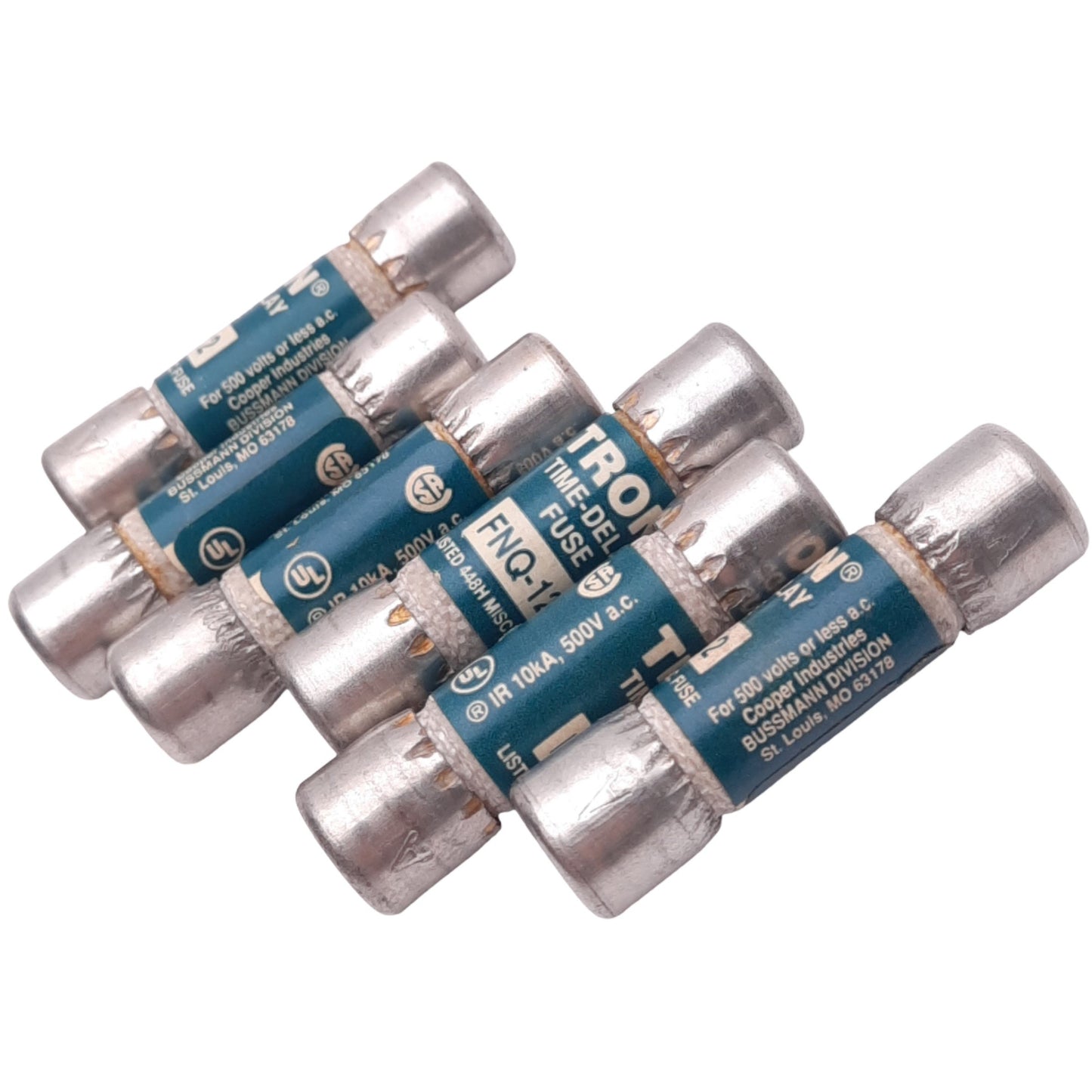 Used Lot of 6 Eaton Bussmann FNQ-12 TRON Time Delay Fuses, 12A, 600VAC, Class CC