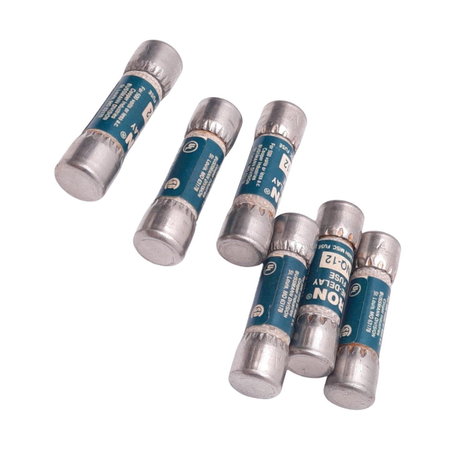 Used Lot of 6 Eaton Bussmann FNQ-12 TRON Time Delay Fuses, 12A, 600VAC, Class CC
