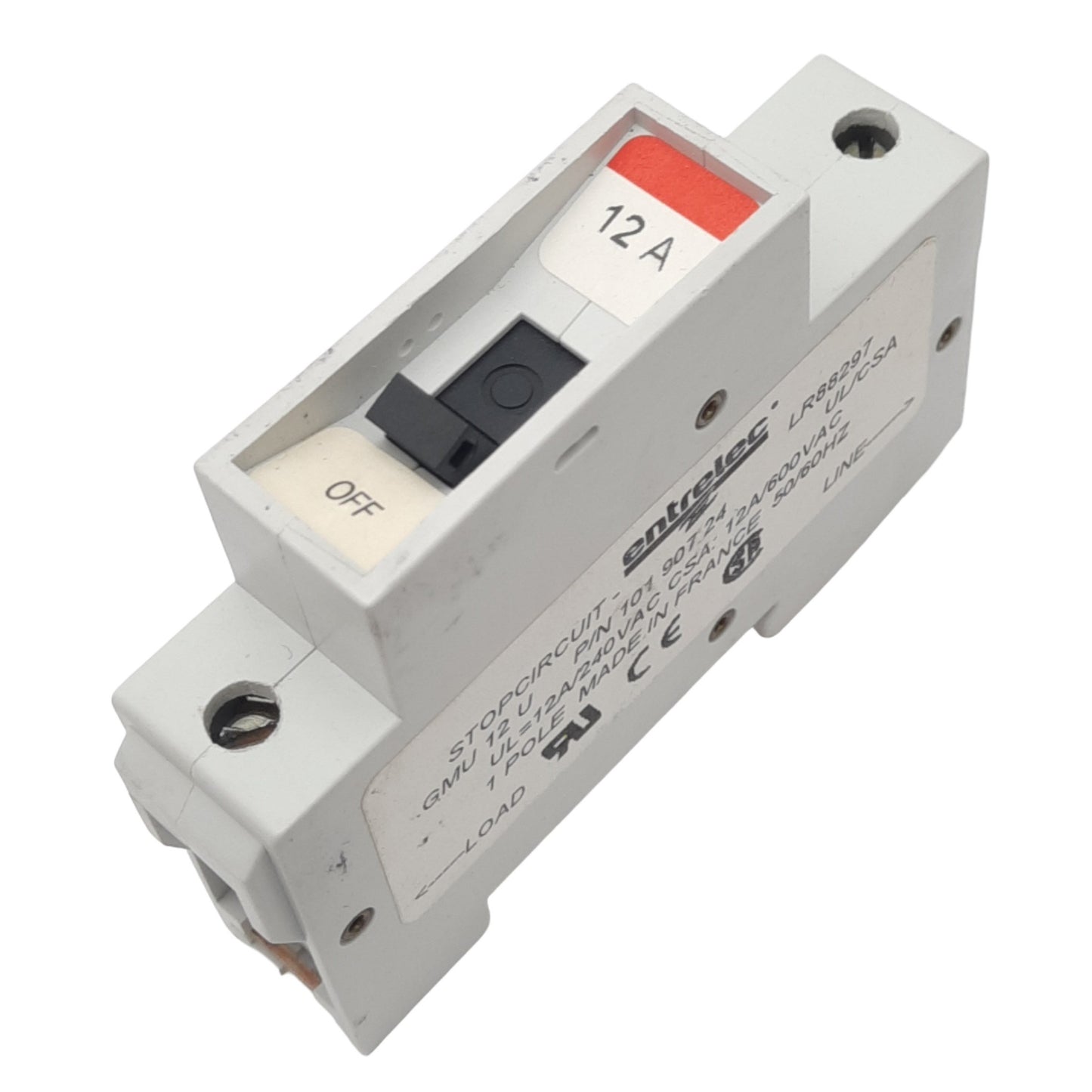 Used Entrelec GMU 12U Circuit Breaker, 1-Pole, 12A, 240VAC Max, DIN Rail Mount