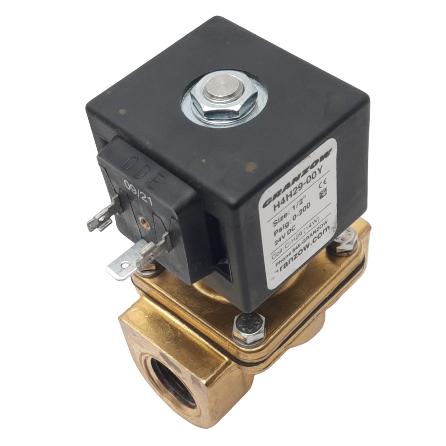 Used Granzow H4H29-00Y Solenoid Valve, 2-Way, NC, 1/2in NPT, 0-200psig, 24VDC Coil