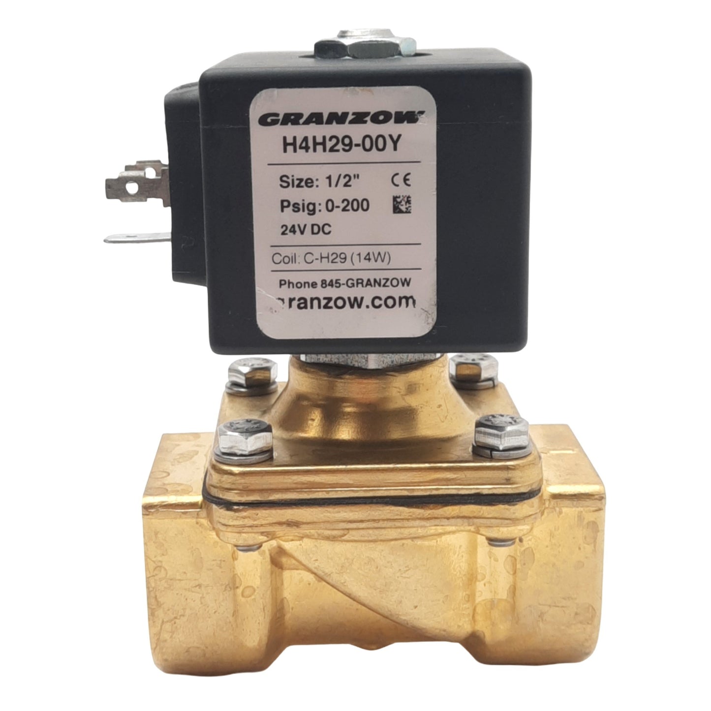 Used Granzow H4H29-00Y Solenoid Valve, 2-Way, NC, 1/2in NPT, 0-200psig, 24VDC Coil