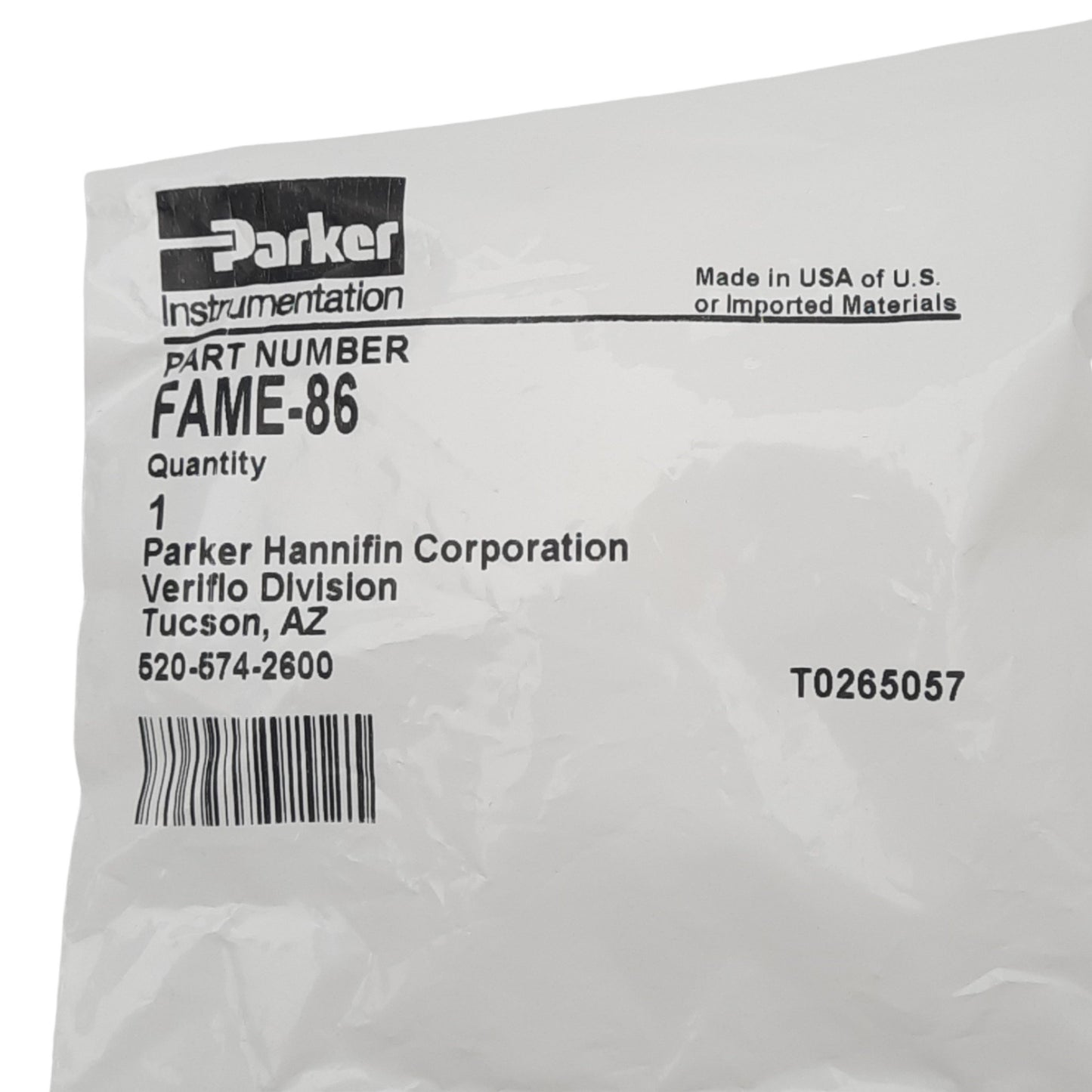 New Parker FAME-86 Pneumatic Elbow Fitting, 90°, 1/2in Parflare to 3/8in NPT, 125psi