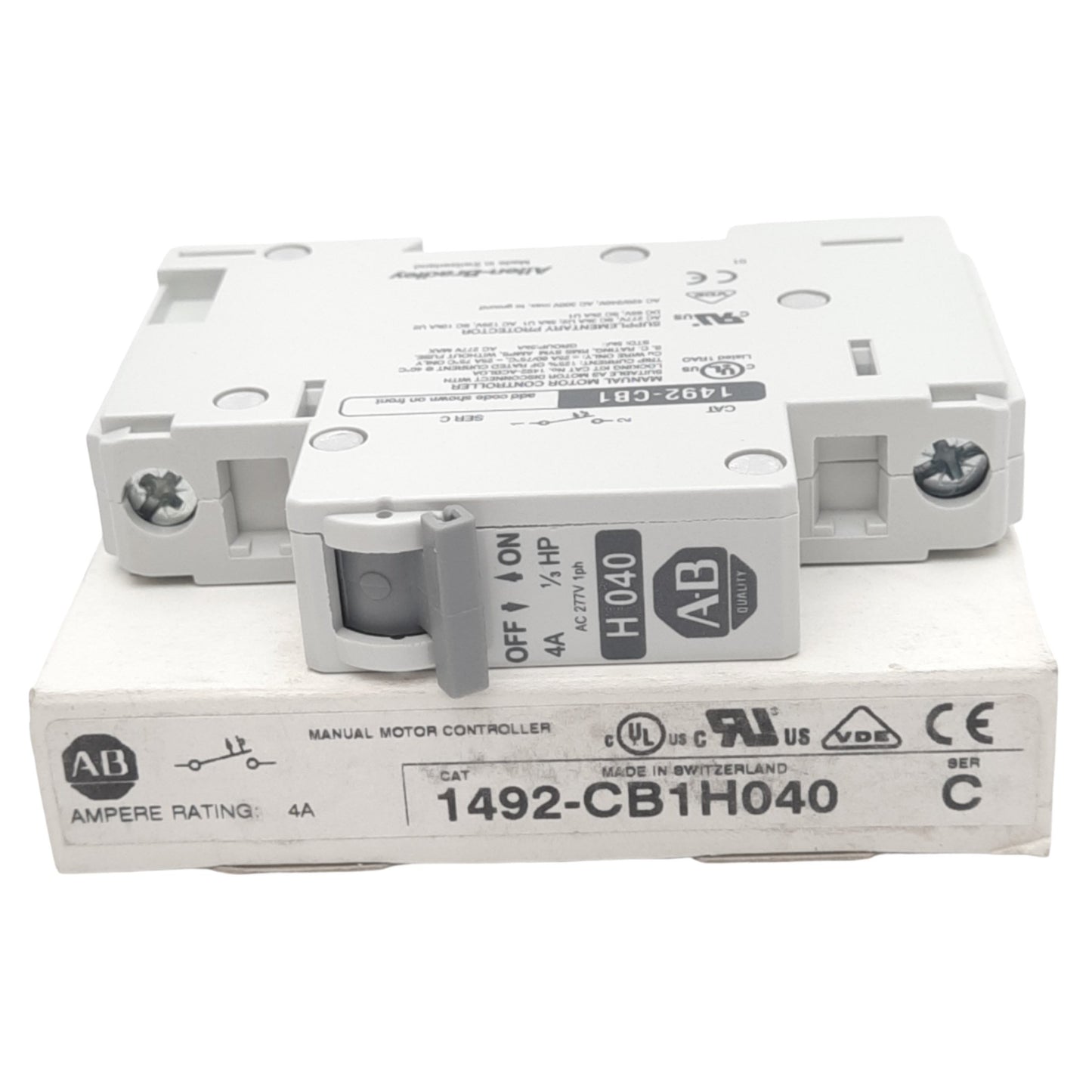 New Allen Bradley 1492-CB1H040 Circuit Breaker, 1-Pole, 4A, 277VAC Max, DIN Rail