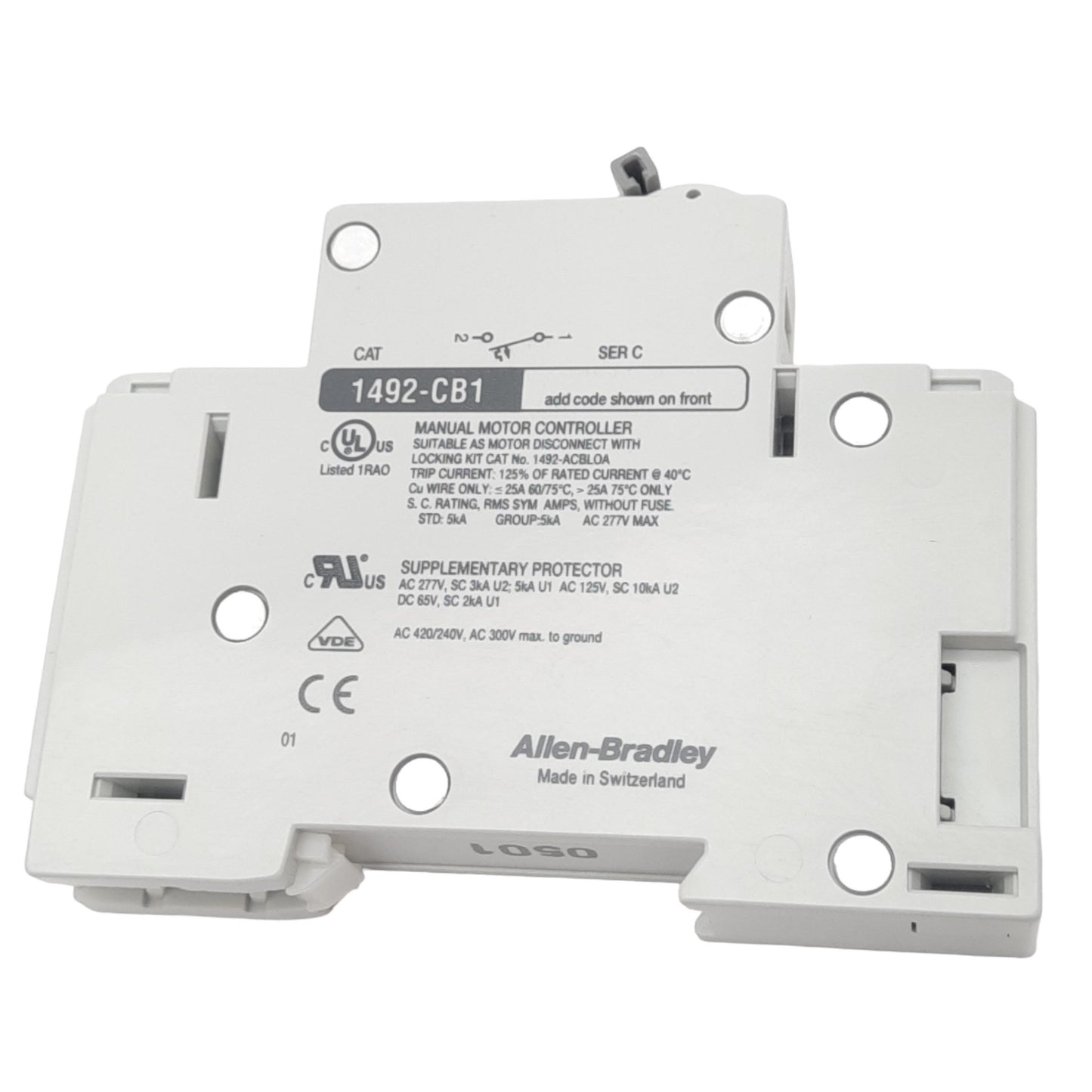 New Allen Bradley 1492-CB1H040 Circuit Breaker, 1-Pole, 4A, 277VAC Max, DIN Rail