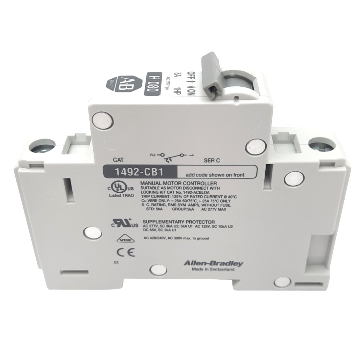 New Allen Bradley 1492-CB1H080 Circuit Breaker, 1-Pole, 8A, 277VAC Max, DIN Rail