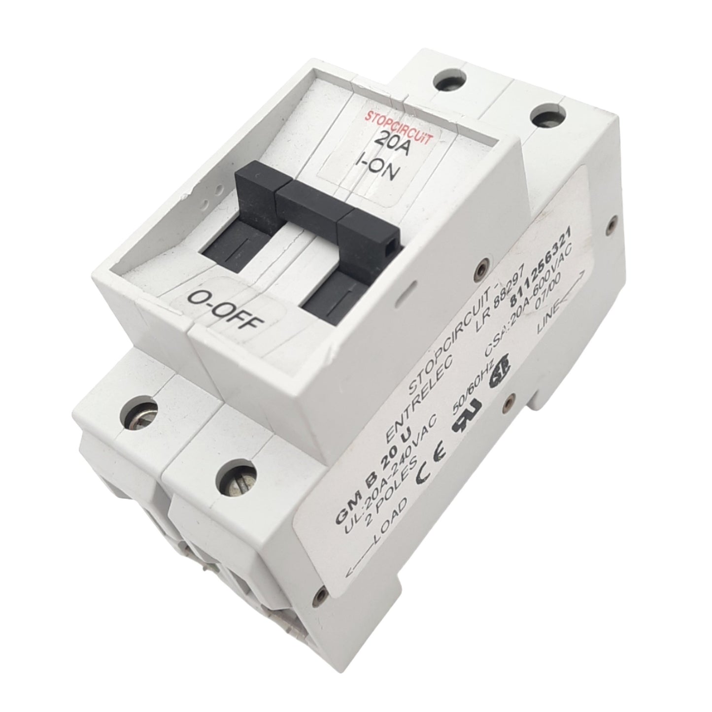 Used Entrelec GMB 20U Circuit Breaker, 2-Pole, 20A, 240VAC Max, DIN Rail Mount