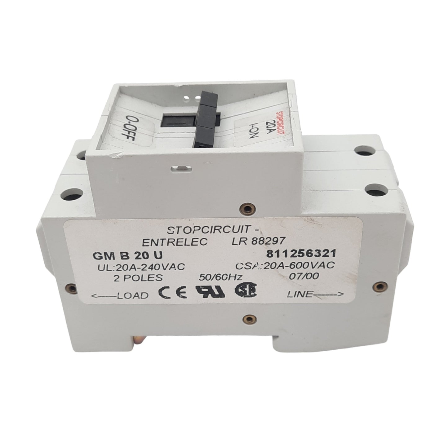 Used Entrelec GMB 20U Circuit Breaker, 2-Pole, 20A, 240VAC Max, DIN Rail Mount