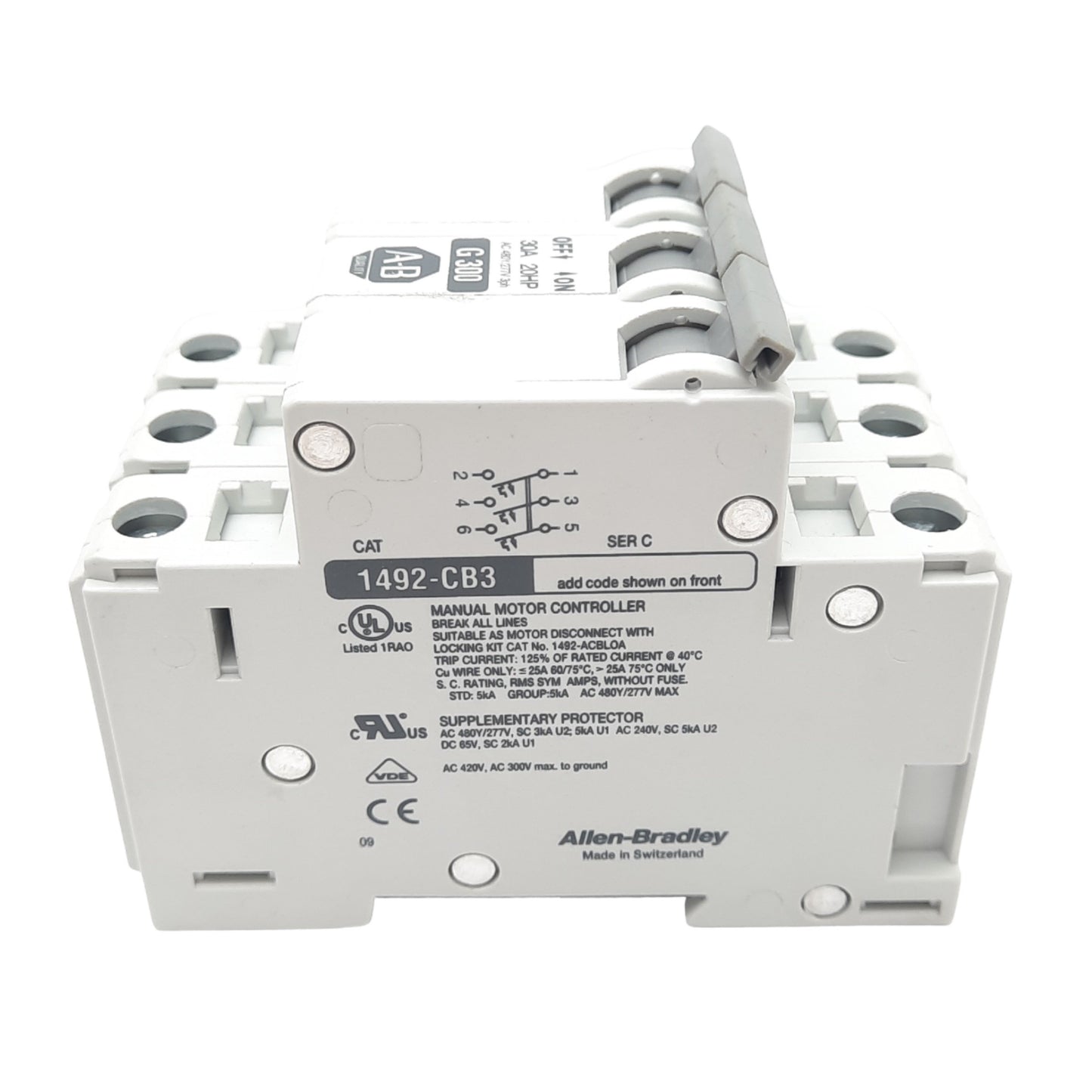 Used Allen Bradley 1492-CB3G300 Circuit Breaker, 3-Pole, 30A, 277VAC Max, DIN Rail