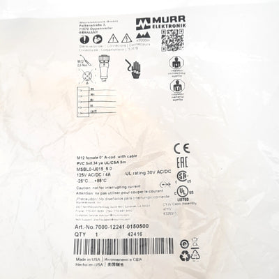 New Murr Elektronik 7000-12241-0150500 Cordset, M12 5-Pin Female, 125V, 5m Length