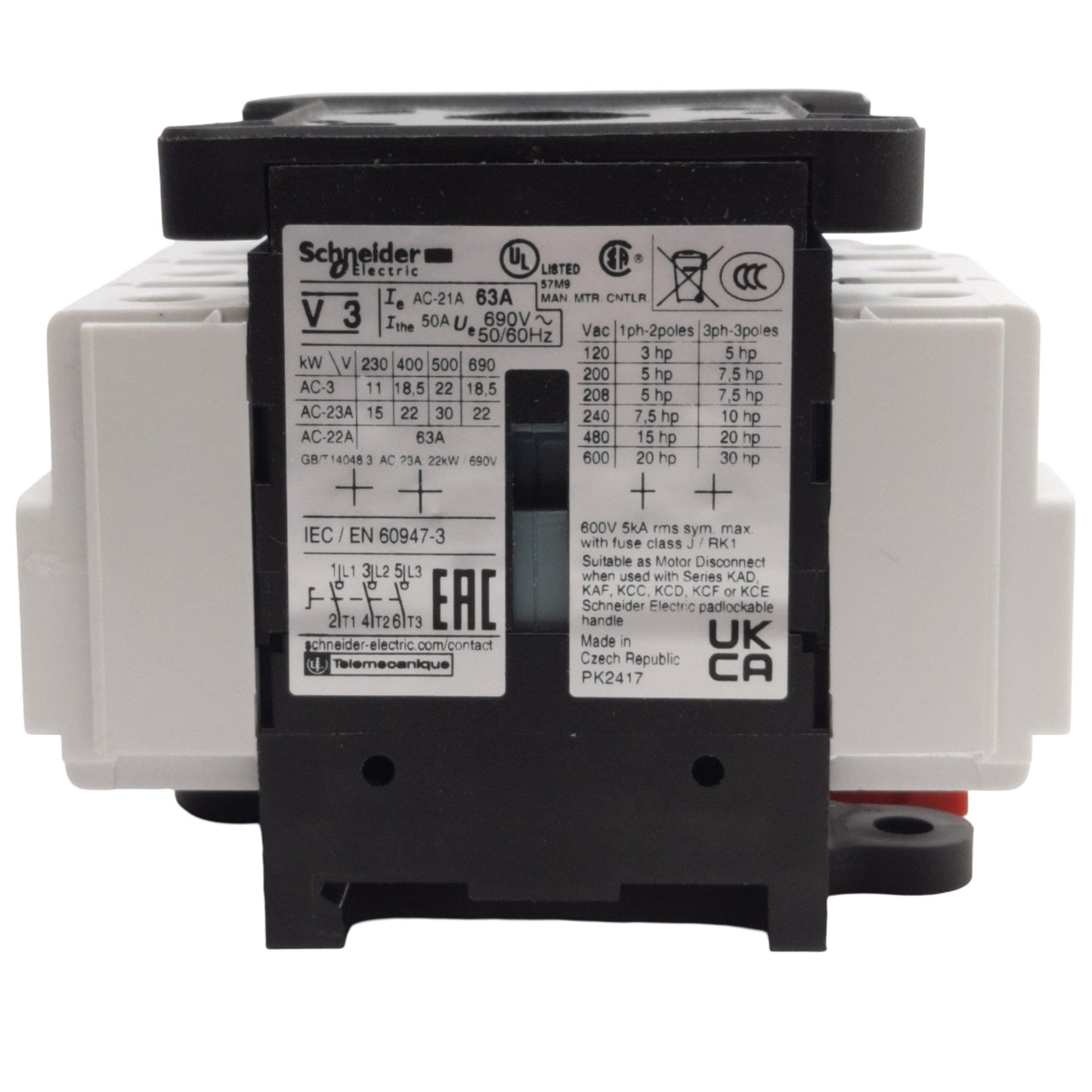 Used Schneider Electric V3 Disconnect Switch, 3-Pole, Rating: 63A 690VAC, DIN Rail