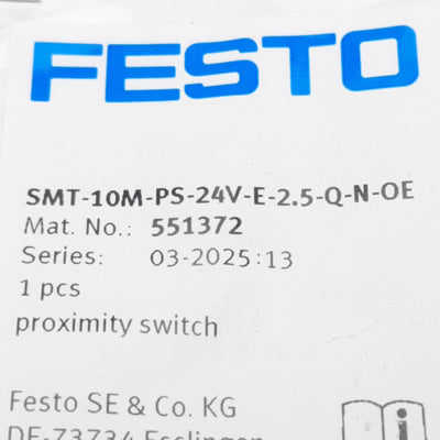 New Festo 551372 SMT-10M Proximity Sensor, NPN/PNP, 24VDC 100mA, 3-Wire Leads, 2.5m