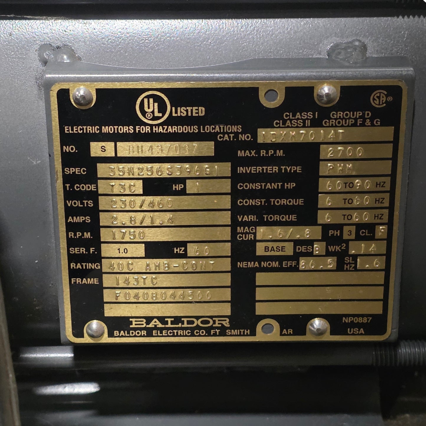 Used Baldor IDXM7014T Explosion Proof Motor 1HP, 143TC, 1765RPM, 230/460VAC 3-Ph