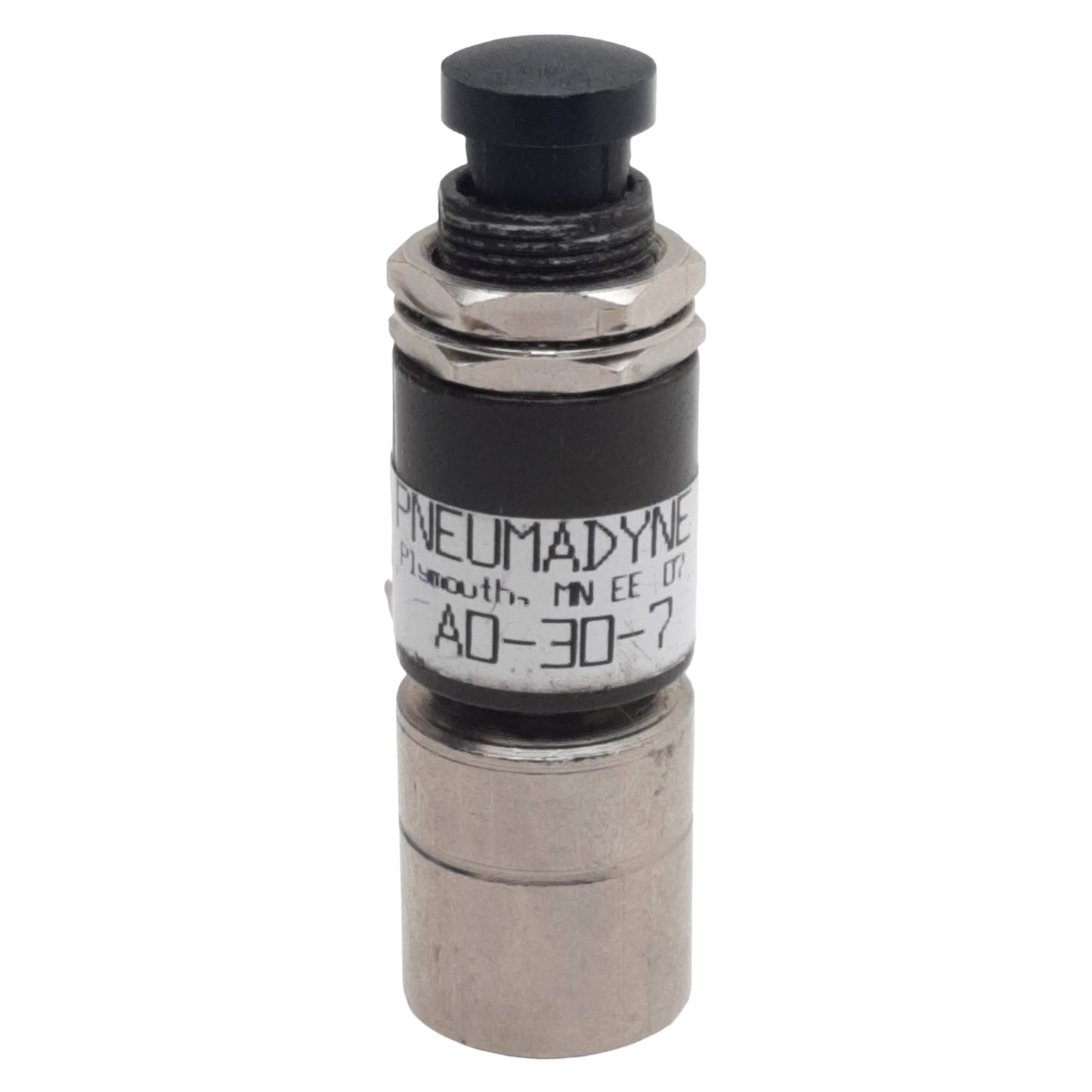 Used Pneumadyne A0-30-7 Pushbutton Control Valve 3-Way NC ø5/16in Tube, #10-32 125psi