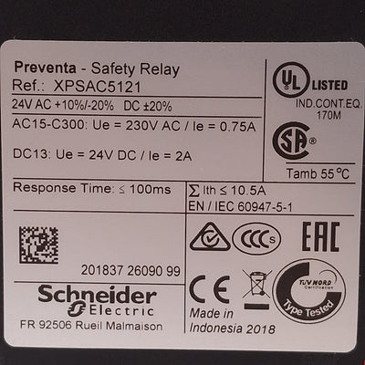 New Schneider Electric XPSAC5121 Emergency Stop Safety Module, 3NO, 24VAC/DC Coil