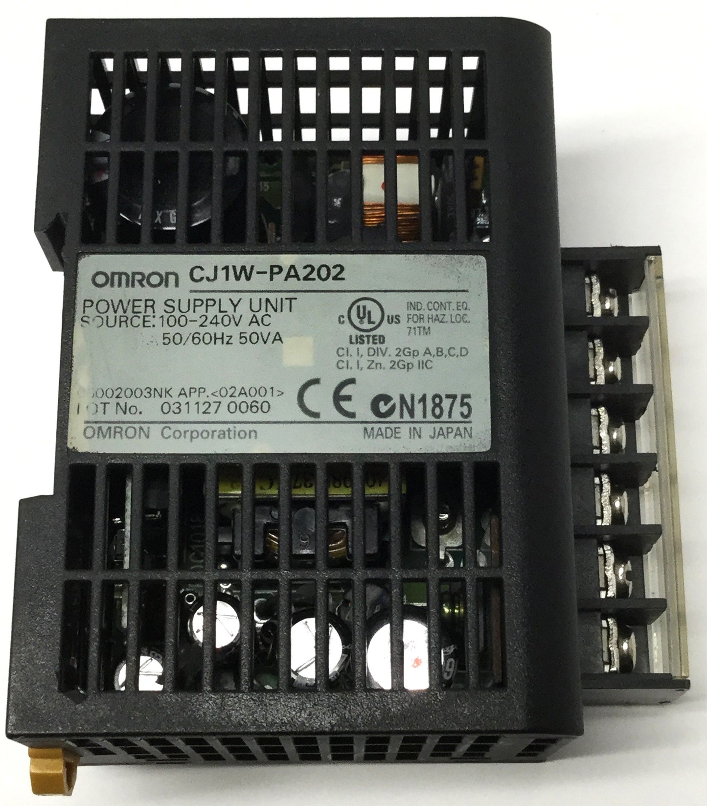 Used Omron CJ1W-PA202 14W SYSMAC CJ Power Supply Module, 100-240VAC In, 5/24VDC Out