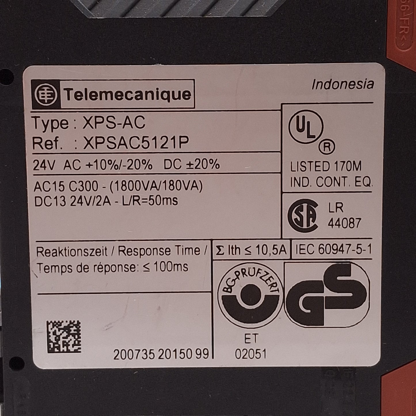 Used Telemecanique XPSAC5121P Emergency Stop Safety Module, 3NO, 24VAC/DC Coil