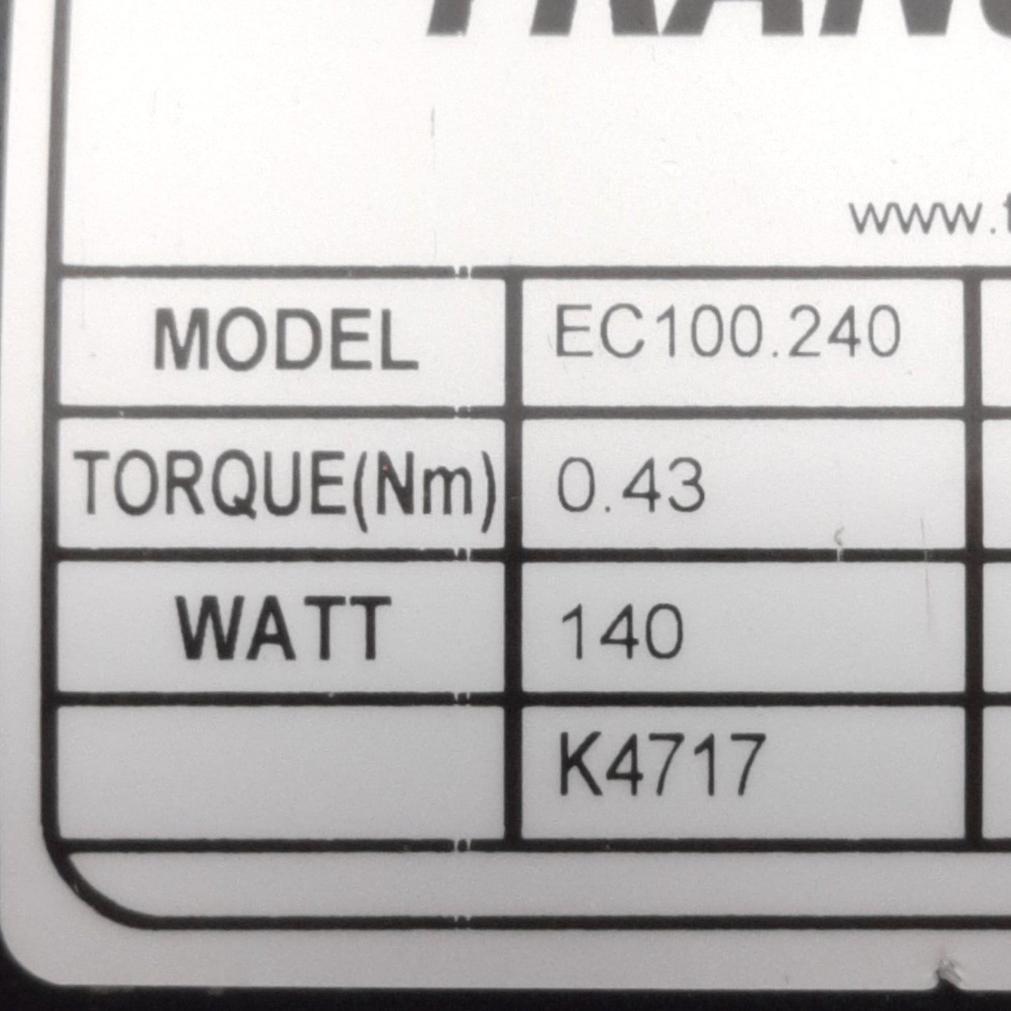 Used Transtecno EC100.240 DC Electric Motor 24V, 8.4A, 3000RPM, 0.43Nm Torque
