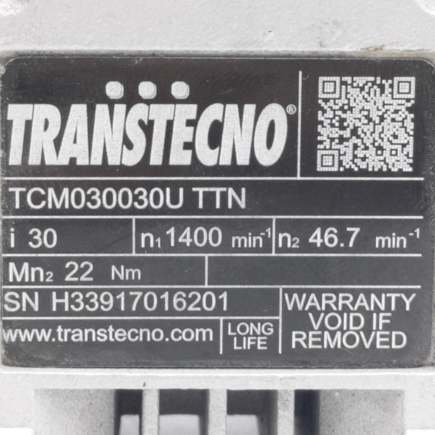 Used Transtecno TCM030030U Right Angle Gearbox 30:1, ø14mm Output, ø11mm Input