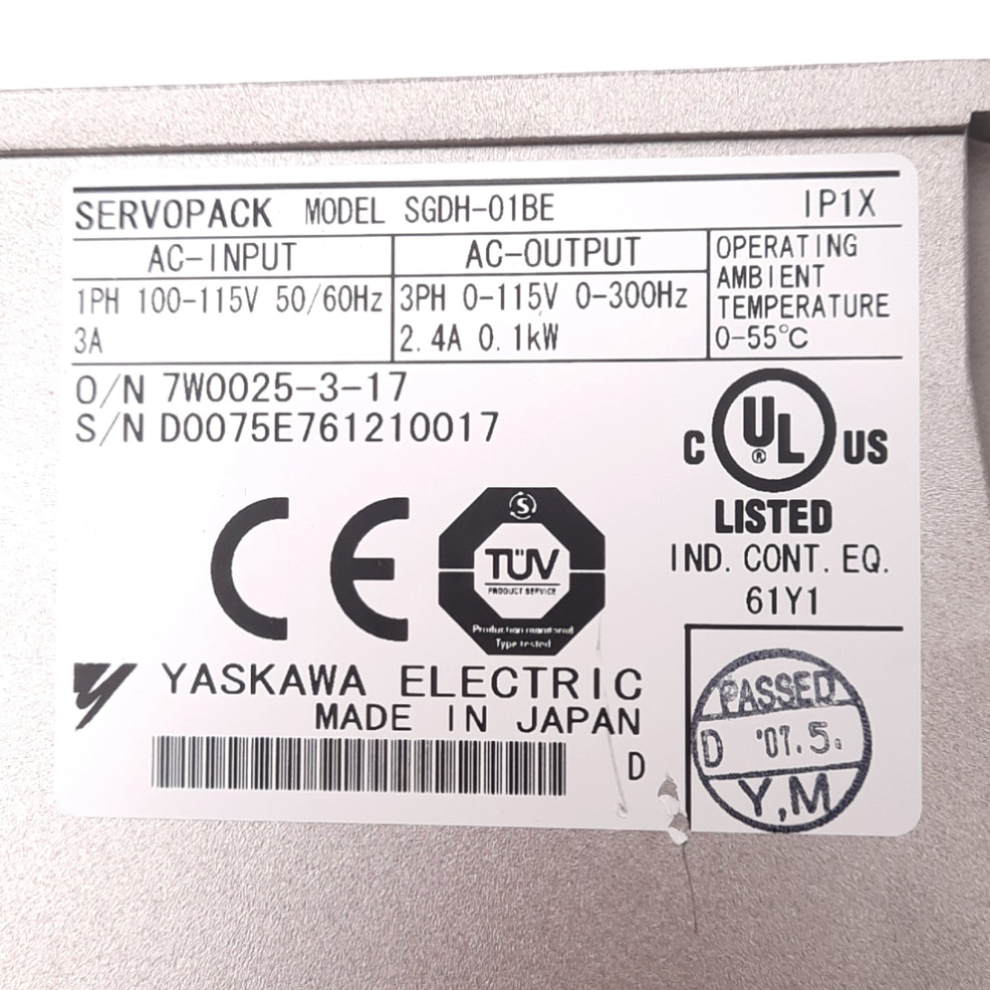 Used Yaskawa SGDH-01BE Sigma II Servopack, 100-115VAC In, 3Phase 0-115VAC 0-300Hz Out
