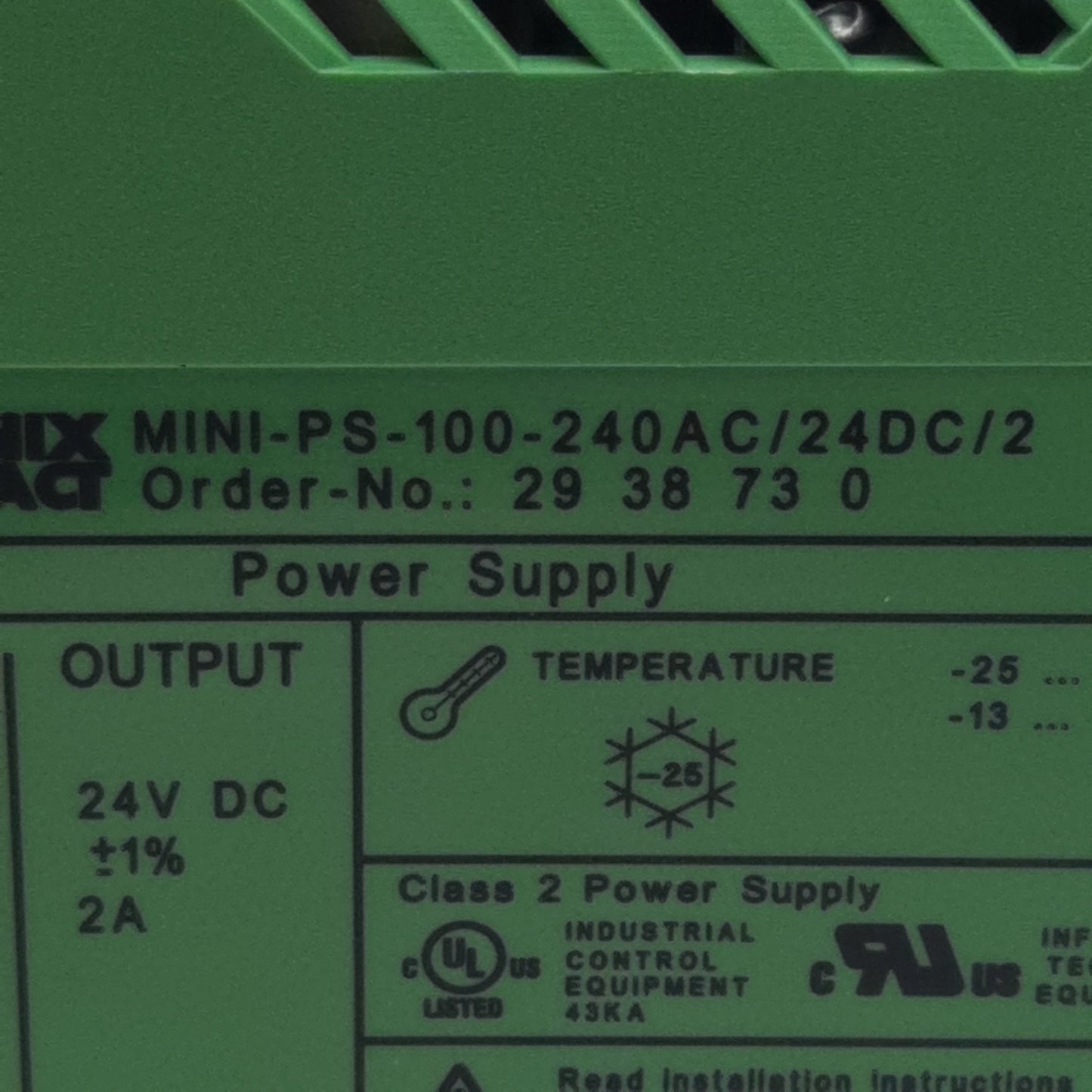 Used Phoenix Contact 2938730 Power Supply, 264VAC/350VDC In, 2A 24VDC Out, DIN Rail