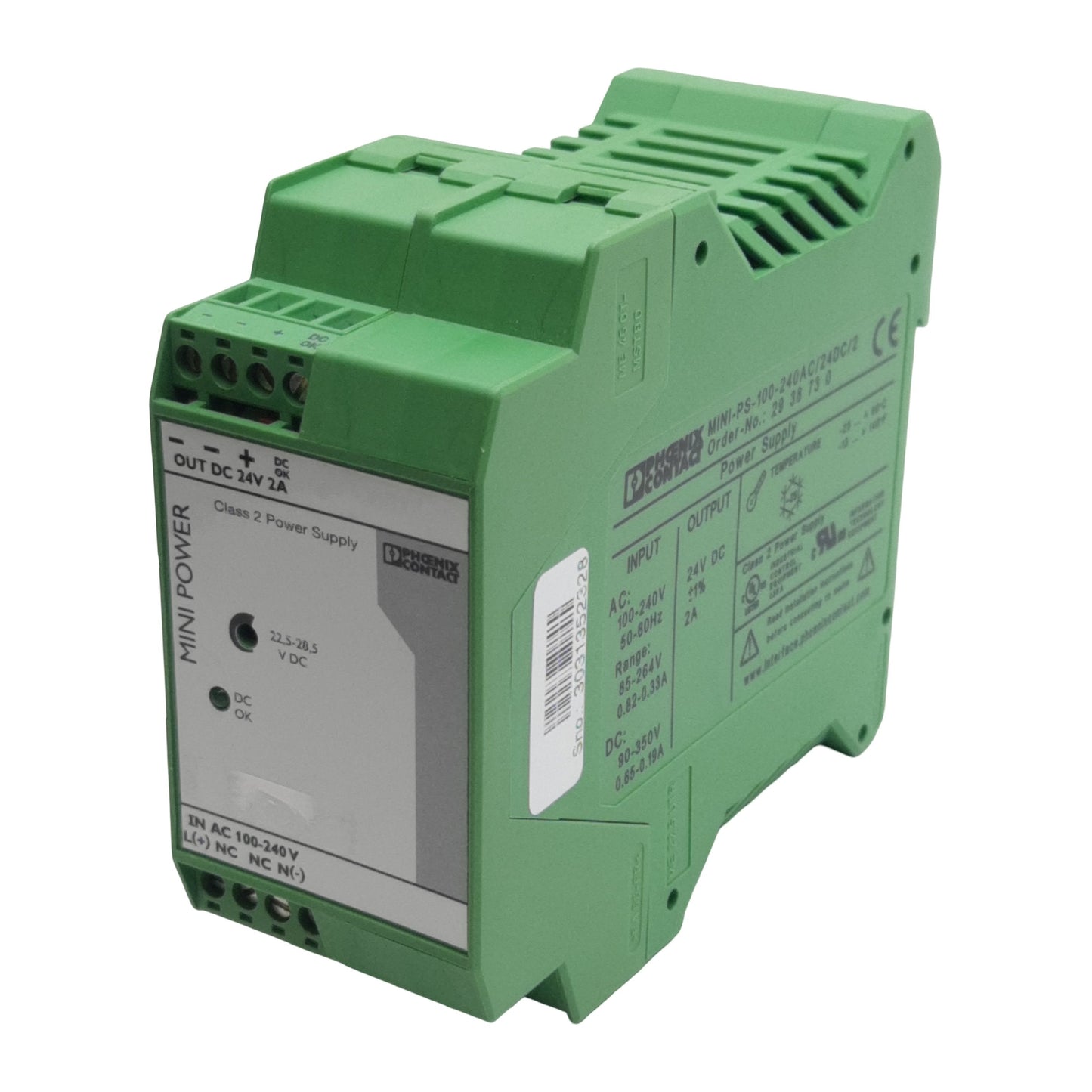 Used Phoenix Contact 2938730 Power Supply, 264VAC/350VDC In, 2A 24VDC Out, DIN Rail