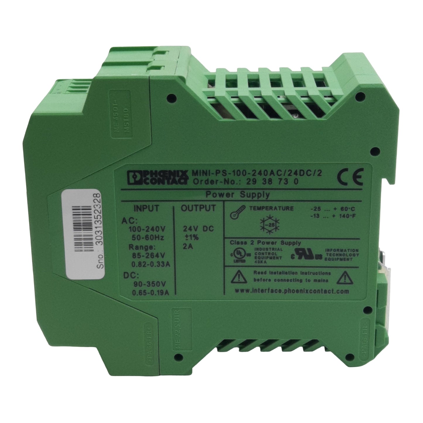 Used Phoenix Contact 2938730 Power Supply, 264VAC/350VDC In, 2A 24VDC Out, DIN Rail