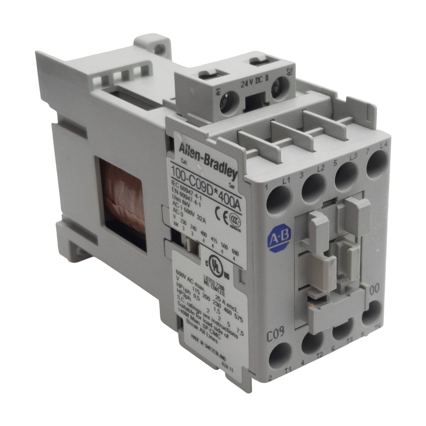 Used Allen Bradley 100-C09DEJ400A Contactor, 4-Pole 4N.O, 3PH, 32A 600VAC, 24VDC Coil