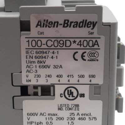 Used Allen Bradley 100-C09DEJ400A Contactor, 4-Pole 4N.O, 3PH, 32A 600VAC, 24VDC Coil