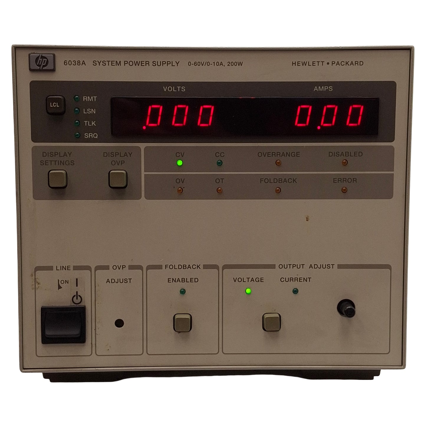 Used HP 6038A System DC Power Supply, 200W, 0-60VDC 0-10A Output, 120VAC Input, RJ-12