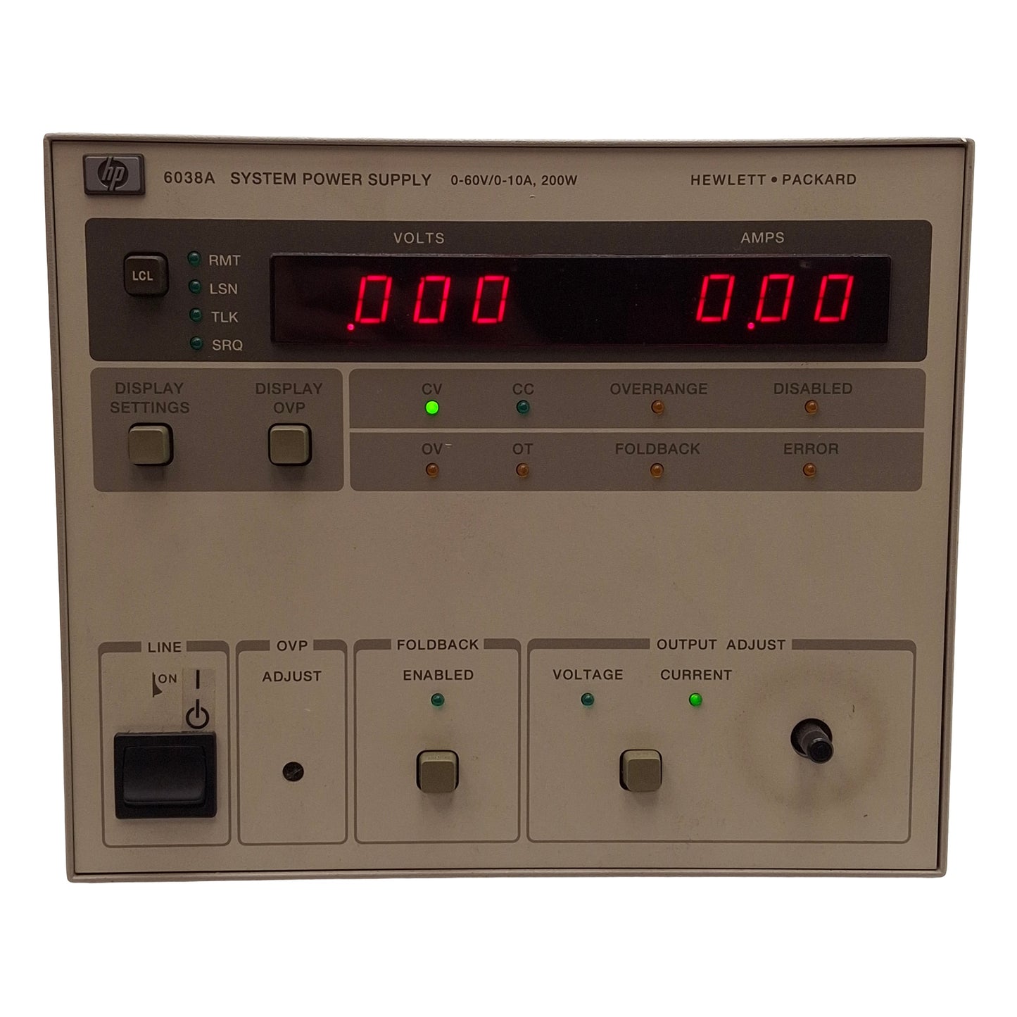 Used HP 6038A System DC Power Supply, 200W, 0-60VDC 0-10A Out, RJ-12 *No Feet*
