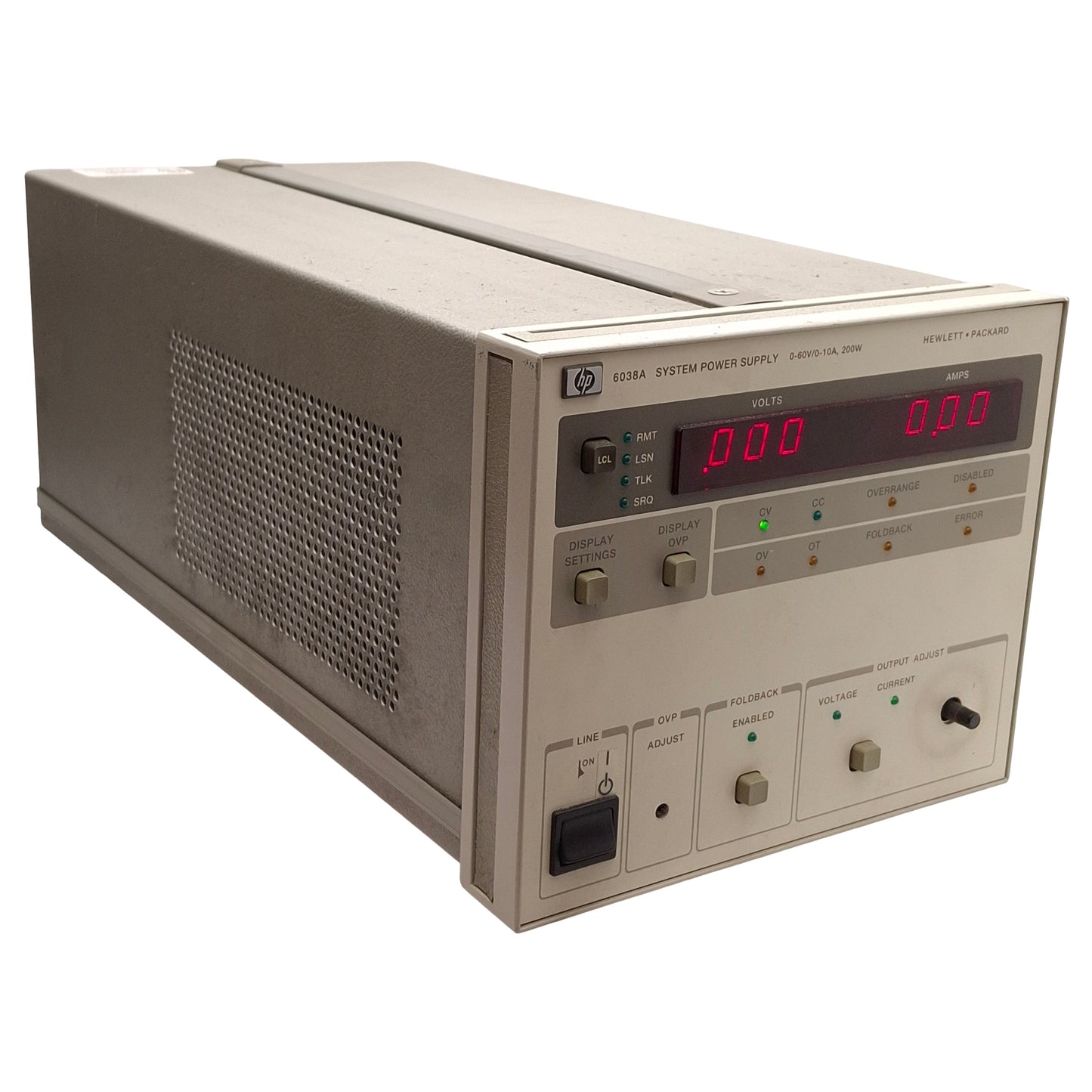 Used HP 6038A System DC Power Supply, 200W, 0-60VDC 0-10A Out, RJ-12 *No Feet*