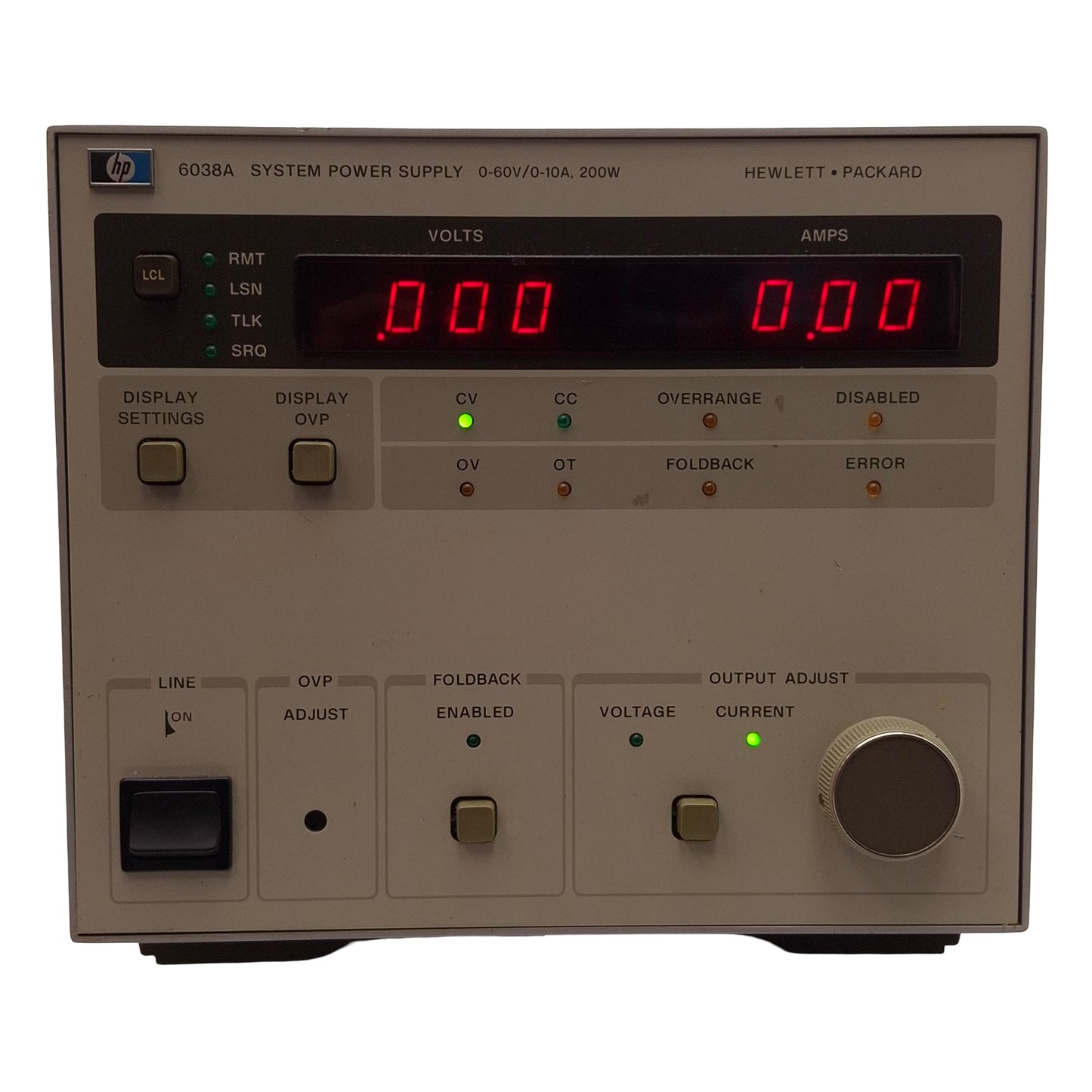 Used HP 6038A System DC Power Supply, 200W, 0-60VDC 0-10A Output, 120VAC Input