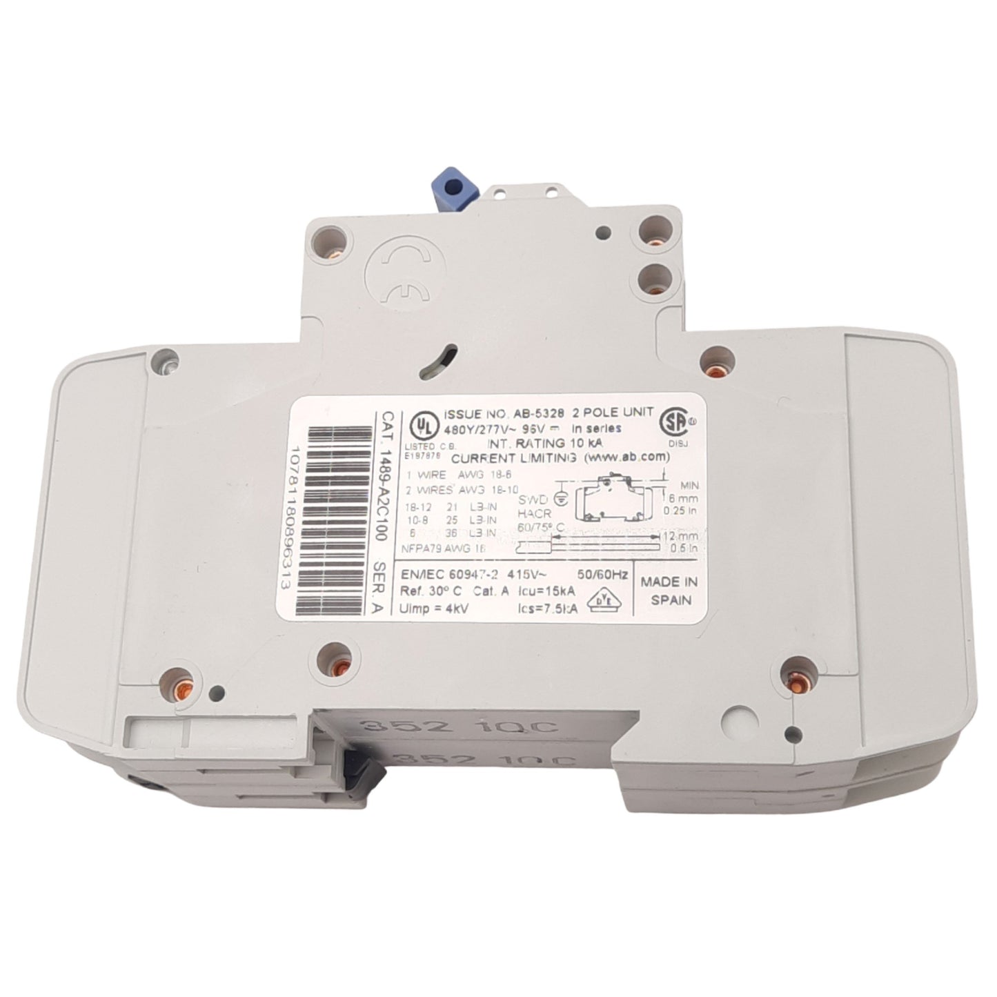 Used Allen Bradley 1489-A2C100 Circuit Breaker, 2-Pole, 10A, 480Y/277VAC Max