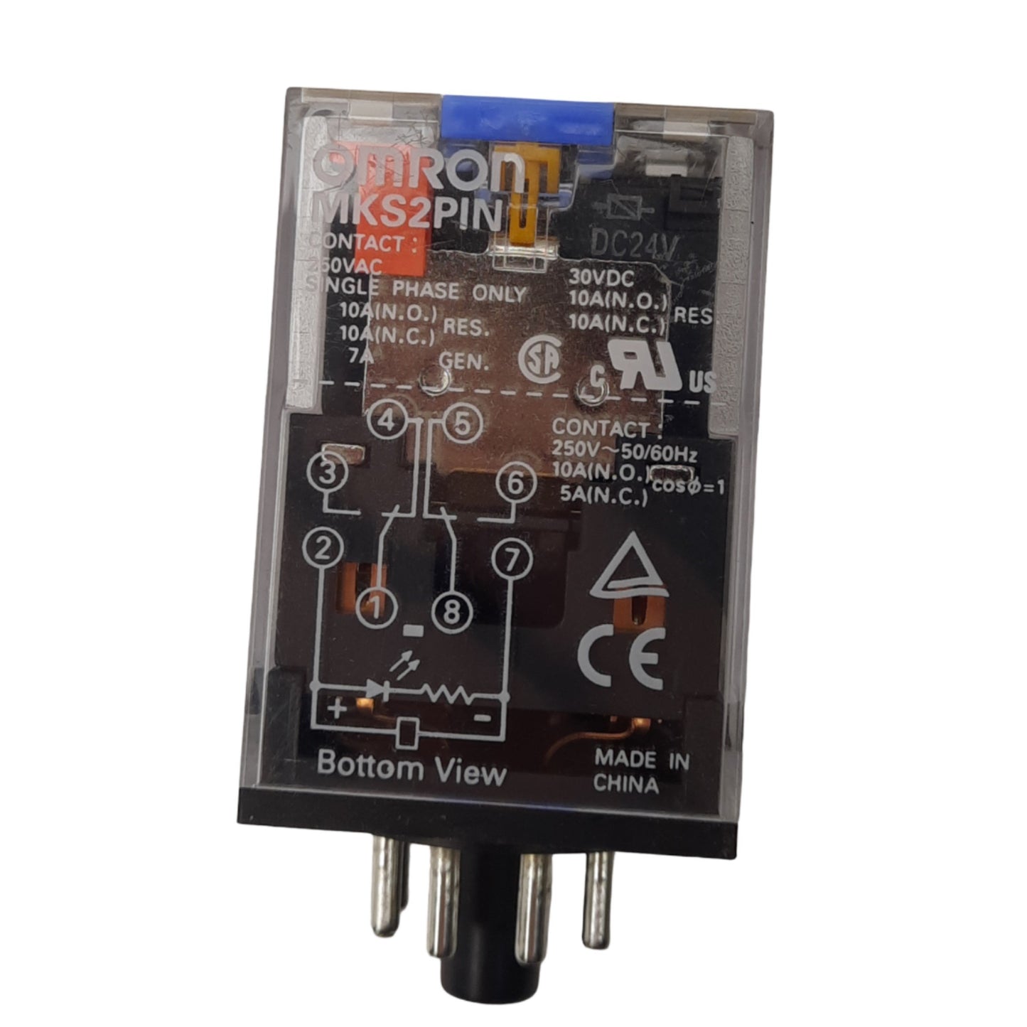 Used Omron MKS2PIN DC24 Plug-In Relay, DPDT, 8-Pin, 250VAC/30VDC 10A Max, 24VDC Coil