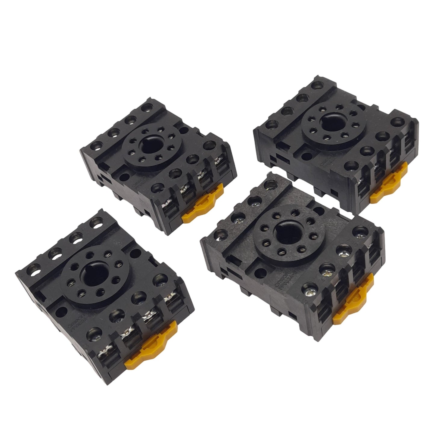 Used Lot of 4 Omron PF083A-E Relay Sockets, 8-Pin Octal, 250VAC 10A, DIN Rail