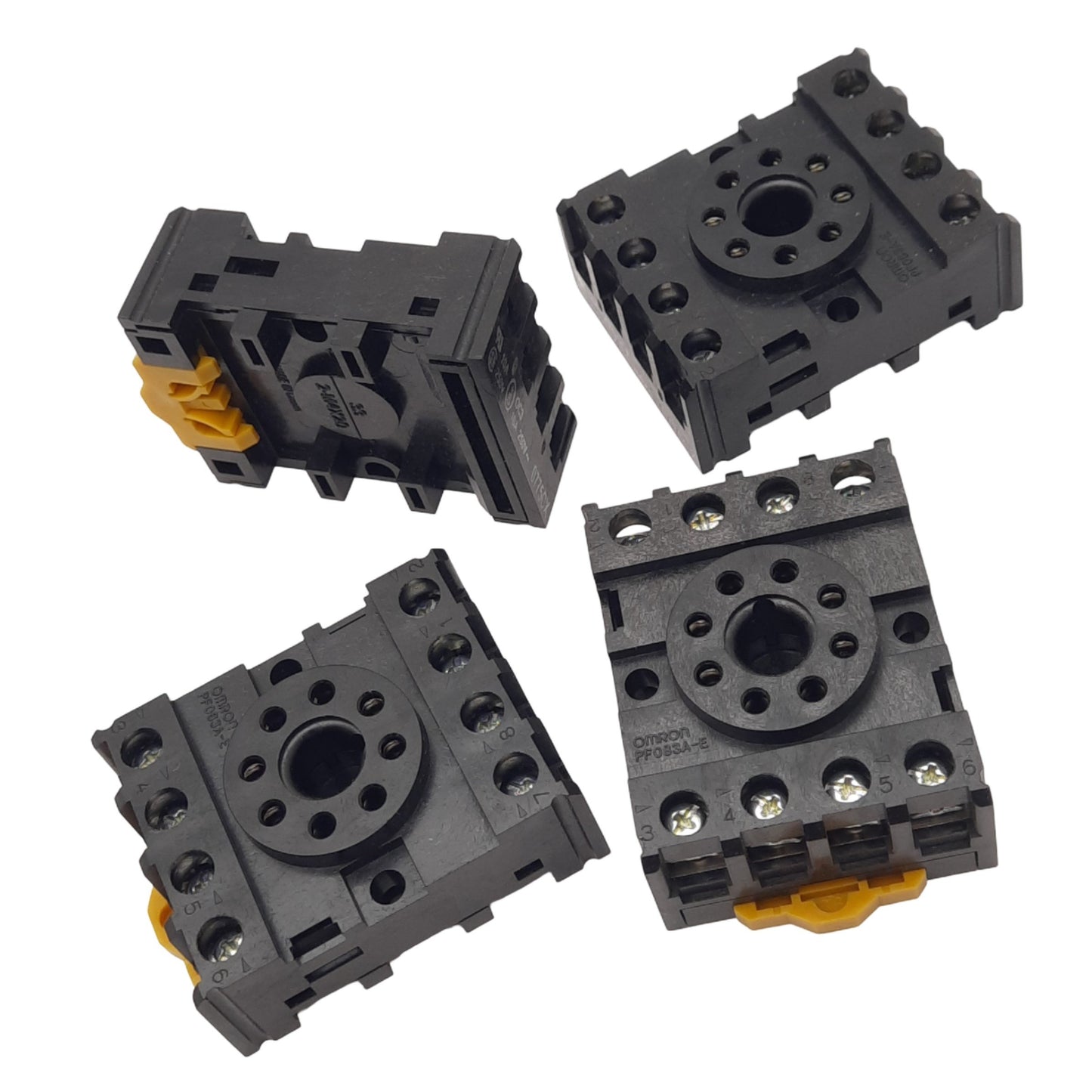 Used Lot of 4 Omron PF083A-E Relay Sockets, 8-Pin Octal, 250VAC 10A, DIN Rail