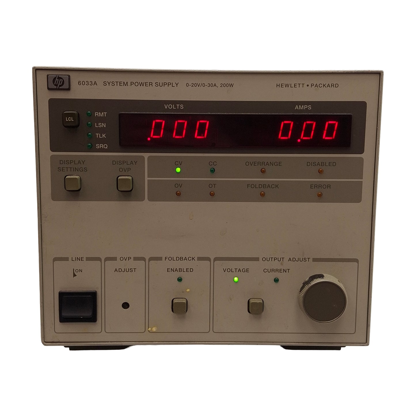 Used HP 6033A System DC Power Supply, 200W, 0-20VDC 0-30A Output, 120VAC Input
