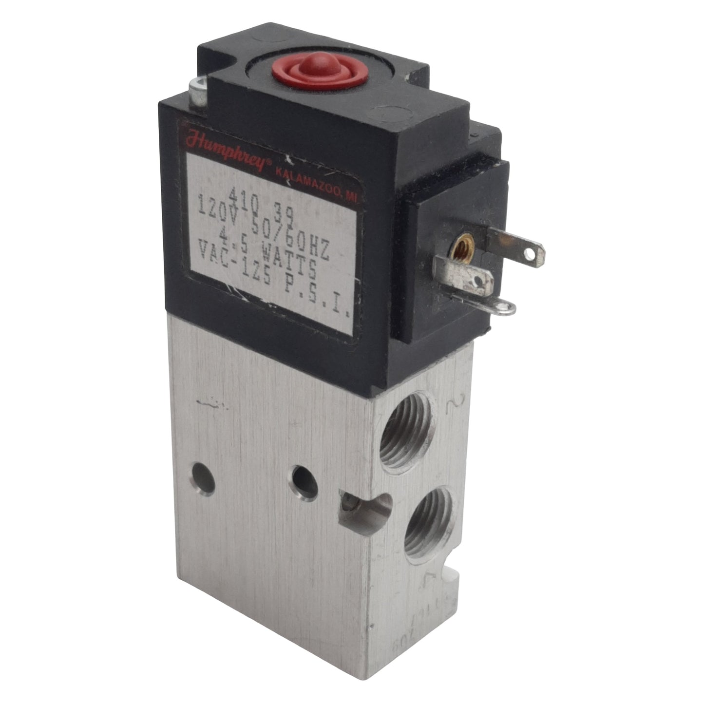 Used Humphrey 410-39-120V Solenoid Valve, 4-Way, 1/8in NPTF, 125psi, 4.5W 120VAC Coil