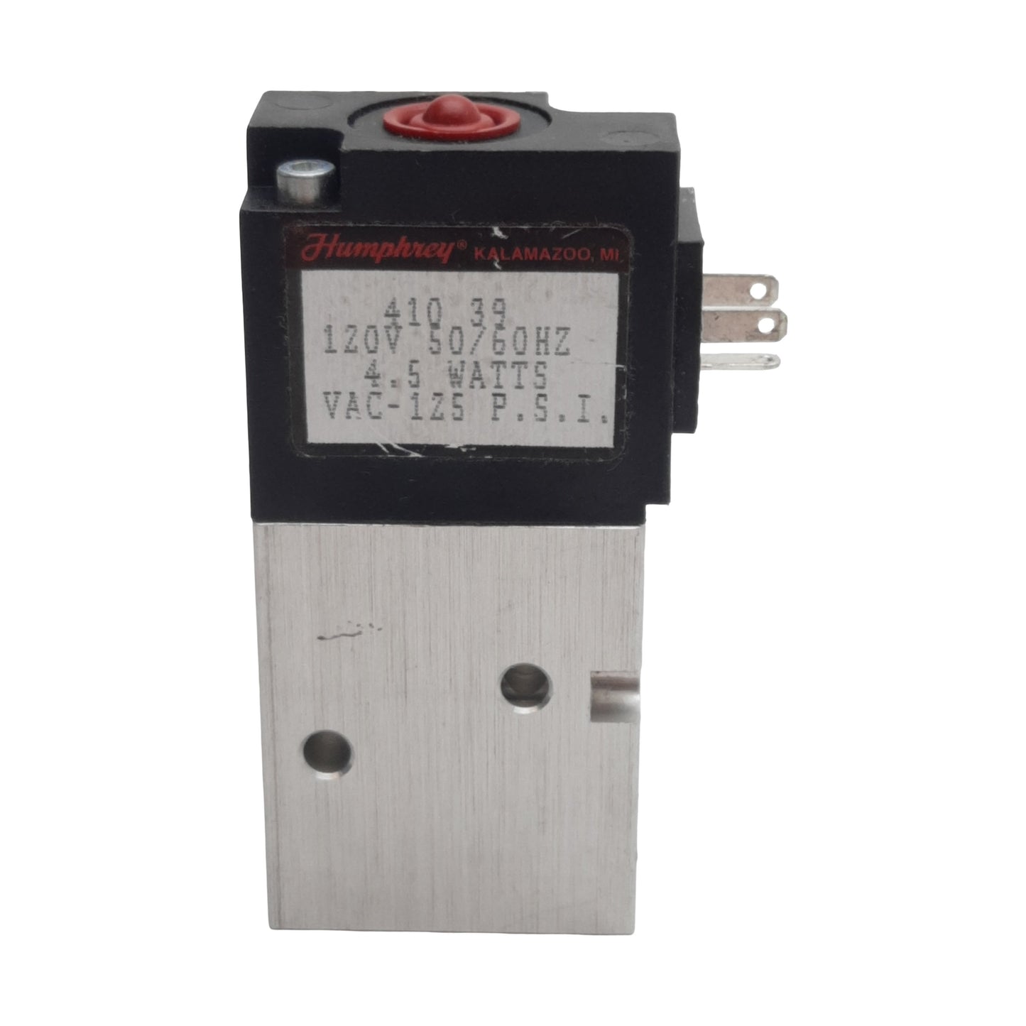 Used Humphrey 410-39-120V Solenoid Valve, 4-Way, 1/8in NPTF, 125psi, 4.5W 120VAC Coil