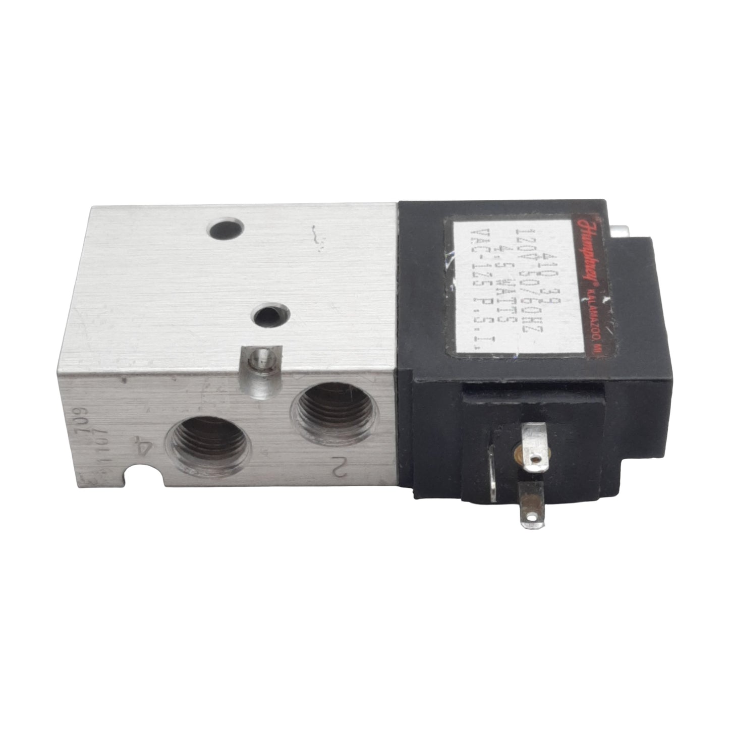 Used Humphrey 410-39-120V Solenoid Valve, 4-Way, 1/8in NPTF, 125psi, 4.5W 120VAC Coil