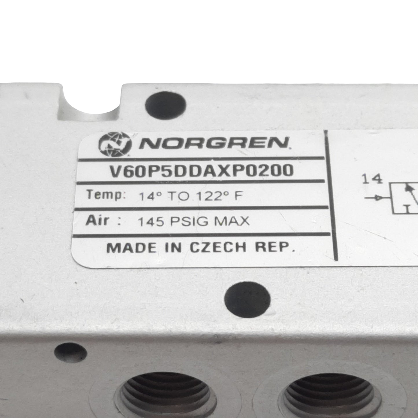 Used Norgren V60P5DDAXP0200 Control Valve, 5/2-Way, 1/8in NPT, 145psig, 26scfm