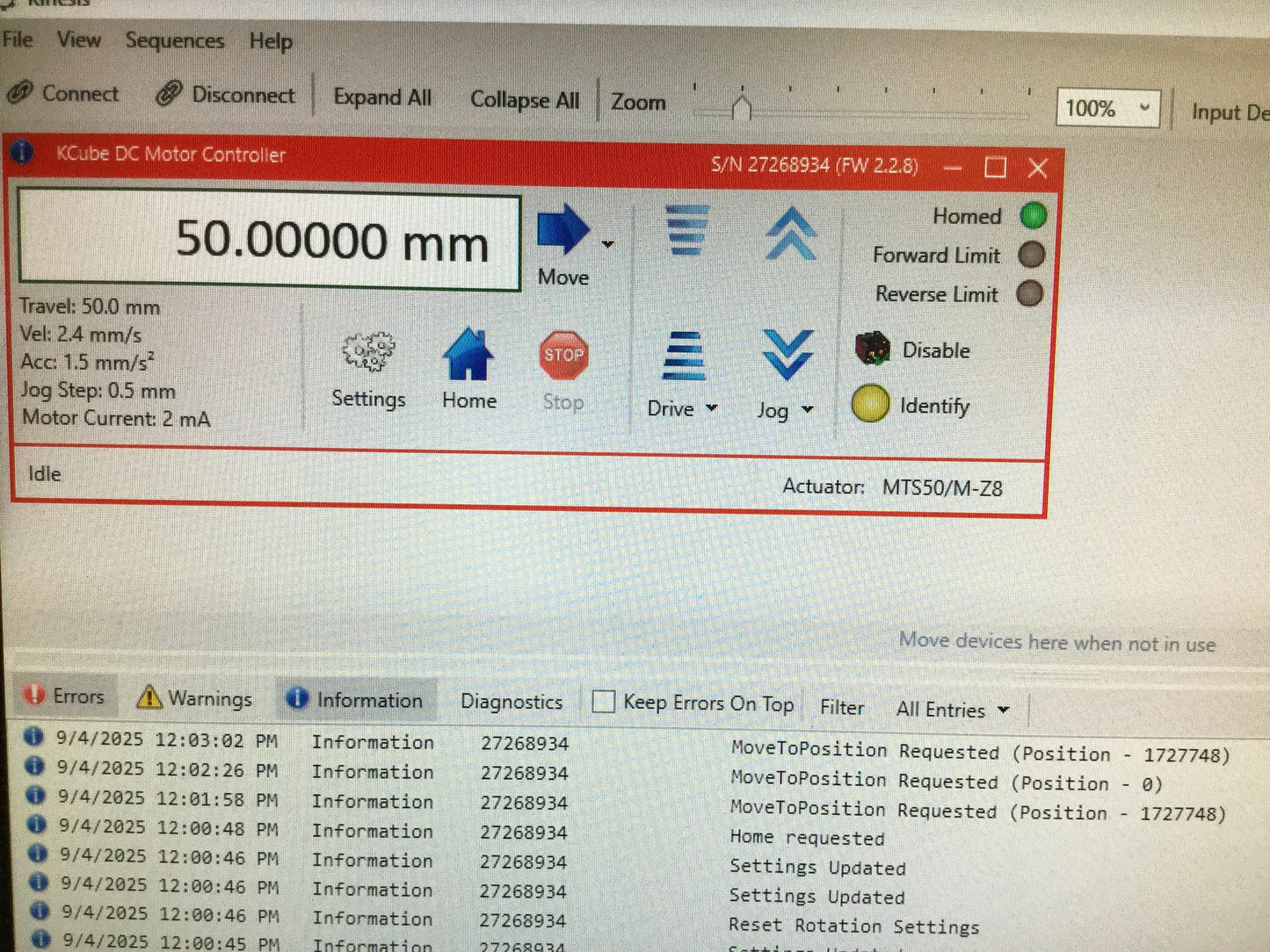Used Thorlabs MTS50/M-Z8 Motorized Linear Translation Stage Positioner, 50mm Travel